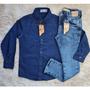 Imagem de kit camisa jeans + calça masculina infantil menino Tam 10 a 16 anos.