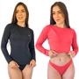 Imagem de Kit Camisa Térmica Feminino Proteção UV Lisa com Conjunto Cropped e Calcinha Fio Duplo Praia Treino 