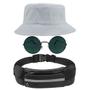 Imagem de Kit Chapéu Bucket Hat, Pochete Ajustável Impermeável Saída Fone E Óculos de Sol Redondo Armação De Metal Grande MD-30