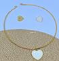 Imagem de Kit Colar e Brincos Choker Aro Rígido com Pingente Coração Liso Love Preto Branco Dourado Luxo Moda Blogueira