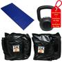 Imagem de Kit Colchonete Azul + Par de Caneleira 2Kg + kettlebell Pintado 14kg