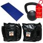 Imagem de Kit Colchonete Azul + Par de Caneleira 3Kg + kettlebell Pintado 18kg