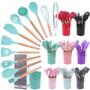 Imagem de Kit Colher De Silicone Jogo 12 Peças Com Suporte Utensílios De Cozinha Colheres Cabo Madeira