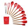 Imagem de Kit com 12 peças Utensílios de Cozinha Silicone e Cabo de Madeira Bambu Jogo BPA FREE Espátula Colher Concha