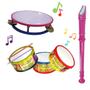 Imagem de Kit Com 3 Instrumentos Musicais Para Crianças Pandeiro Flauta e Tamborzinho Brinquedo Infantil Tambor Colorido