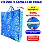 Imagem de Kit com 3 Sacolas Bolsa Nylon Feira Grande Sacoleira Mudança com Zíper