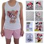 Imagem de Kit Com 5 Baby Doll 100% Algodão Com Camiseta Nadador de Personagens e Shortdoll Pijama Feminino