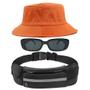 Imagem de Kit Com Chapéu Bucket Hat, Pochete Ajustável Saída Para Fone E Oculos De Sol Vintage Com Armação Quadrado Proteção MD-06