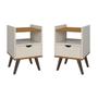 Imagem de Kit Com Duas Mesas De Cabeceira Retrô Pés Palito Com Nicho e 1 Gaveta - Classic Decor - Off White Com Freijó - Lojas G2