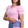 Imagem de Kit conjunto 3 Blusas canelada gola rasa manga curta princesa bufante moda feminina