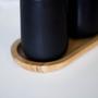 Imagem de Kit Conjunto Banheiro Lavabo 3 Peças Com Bandeja Oval de Bambu Dispenser Sabonete Liquido Porta Escova Cerâmica