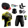 Imagem de Kit Conjunto Ciclismo Camisa Bermuda Proteção UV + Capacete Ciclismo + Luvas + Óculos Esportivo + Manguito + Bandana