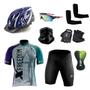 Imagem de Kit Conjunto Ciclismo Camisa e Bermuda + Capacete de Ciclismo C/ Luz LED + Luvas de Ciclismo + Óculos Esportivo +  Par de Manguitos + Bandana