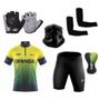 Imagem de Kit Conjunto Ciclismo Camisa Proteção UV e Bermuda em Gel + Luvas Ciclismo + Manguito + Bandana
