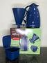 Imagem de Kit Conjunto Garrafa Térmica de Café 650ml Florença Azul c/ Bico Anti Gotas e Alça + Açucareiro 350ml c/ Colher + Suporte p/ Filtro Coador