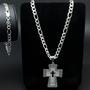 Imagem de Kit Cordão Corrente 3x1 Prata 925 5mm Masculina + Pulseira Escamada 21cm + Pingente Cruz Crucifixo Pai Nosso Borda