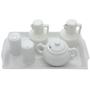 Imagem de Kit Cozinha - Bandeja + Saleiro Mesa + Paliteiro + kit 2 Galheteiros + Açucareiro Chaleira - Porcelana Branca e Bege