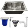 Imagem de Kit Cozinha Cuba Gourmet Inox 304 60x42 Com Lixeira De Embutir 5 Litros Porta Detergente 350ml Valvula E Sifão Flexivel Universal Kit Pia 5 Peças