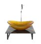 Imagem de Kit cuba de vidro oval 10mm com tampo de vidro 40cm x 40cm mármore preto dourado e suporte torneira valvula