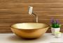 Imagem de Kit cuba de vidro p/ banheiro com torneira link gourmet e valvula click up - modelo redonda 35cm várias cores