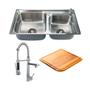 Imagem de Kit Cuba Dupla Gourmet para Cozinha com Acessórios Aço Inox 201 78x43cm Potiguara Torneira Misturador Monocomando Munim e Tábua de Corte Pingoo.casa