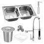Imagem de Kit Cuba Dupla Inox  Acessórios Com Torneira Gourmet Monocomando Vip Cromada E Lixeira de Embutir 5 Litros