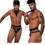 Imagem de Kit Cueca Jockstrap e Coleira com Correntes Harness Super Sexy Masculina em Cirre Detalhes em Spikes Correntes e Argolas