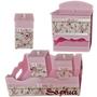 Imagem de Kit de Higiene de bebê madeira Mdf Menina 5 pçs - ROSA E BRANCO FLORIDO COM PÉROLAS