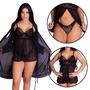 Imagem de Kit de Robe + Camisola de Tule + Caçinha Sexy Com Detalhes Delicados Lingerie Sedutora