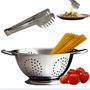 Imagem de Kit Escorredor Macarrão Pegador Massa Inox Utensílio Cozinha