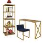 Imagem de Kit Escritório Bex 1 Cadeira material sintético Azul Marinho com 1 Mesa e 1 Livreiro Ferro Dourado MDF Imbuia - Ahazzo Móveis