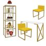 Imagem de Kit Escritório Bex 2 Cadeiras Suede Amarelo com 1 Mesa e 1 Livreiro Ferro Dourado MDF Branco - Ahazzo Móveis