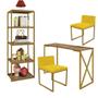 Imagem de Kit Escritório Bex 2 Cadeiras Suede Amarelo com 1 Mesa e 1 Livreiro Ferro Dourado MDF Castanho - Ahazzo Móveis