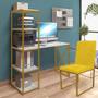 Imagem de Kit Escritório Mesa Max BeX 5 Prateleiras e Cadeira Stan Dourado Tampo Branco material sintético Amarelo - Ahazzo Móveis