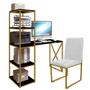 Imagem de Kit Escritório Mesa Max BeX 5 Prateleiras e Cadeira Stan Dourado Tampo Preto material sintético Branco - Ahz Móveis