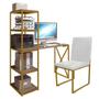 Imagem de Kit Escritório Mesa Max BeX 5 Prateleiras e Cadeira Stan Dourado Tampo Rústico material sintético Branco - Ahz Móveis
