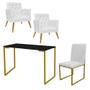 Imagem de Kit Escritório Stan 2 Poltronas Maria com Cadeira e Mesa Industrial Preto Dourado material sintético Branco - Ahz Móveis