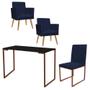 Imagem de Kit Escritório Stan 2 Poltronas Rodapé com Cadeira e Mesa Industrial Preto Bronze Suede Azul Marinho - Ahz Móveis