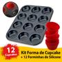 Imagem de Kit Forma Assadeira Cupcake + 12 Forminhas Silicone Antiaderente Empada Pão Queijo Não Gruda Reutilizável Não Quebra