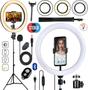 Imagem de Kit Gravação De Vídeo Tripé 2m Profissional Luz Led Ring Light Suporte Celular + Microfone Condensador de Mesa Aula Live