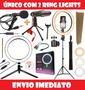 Imagem de Kit Gravação De Vídeo Tripé 2m Profissional Luz Led Ring Light Suporte Celular + Microfone Condensador de Mesa Aula Live