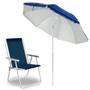 Imagem de Kit Guarda Sol Praia 2,40 Mts Azul Listrado Articulado + Cadeira Alta Conforto Aluminio Sannet Azul  Mor 