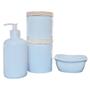Imagem de Kit higiene bebê 4 peças - Potes, porta álcool e molhadeira -Porcelana Branca tampa pinus