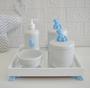 Imagem de Kit Higiene Bebê K014 Moderno Azul Gel Potes Algodão Temas Coroa Cavalo Urso Porcelana Bandeja