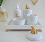 Imagem de Kit Higiene Bebê K014 Moderno Dourado Gel Potes Algodão Temas Coroa Cavalo Urso Porcelana Bandeja