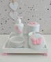 Imagem de Kit Higiene Bebê K014 Rosa Coroa Ovelha Passarinho Ursa Moderno Bandeja MDF branca Potes Porcelana
