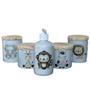 Imagem de Kit higiene bebê Safari 5 peças - potes e porta álcool - Peças Porcelana Tampas Pinus.