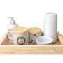 Imagem de Kit higiene bebê Safari 6 peças - potes e porta álcool - Peças Porcelana Tampa e bandeja Pinus