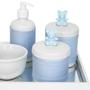 Imagem de Kit Higiene Espelho Potes, Molhadeira, Porta Álcool-Gel e Capa Ursinho Azul Quarto Bebê Menino