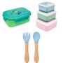 Imagem de Kit Hora do Lanche Bento Box Dino, Potinho Gumy Rosa e Talher em Bambu e Silicone Azul - Buba